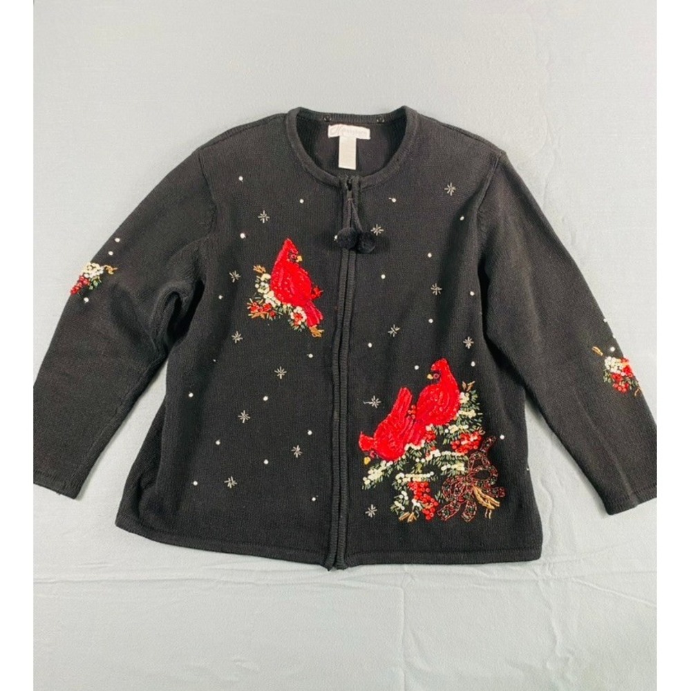 Dressbarn Knit Cardigan Sweater Sz 1X Cardinal Embroidery Christmas Festive